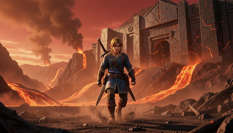 Link from The Legend of Zelda walks across a volcanic wasteland past glowing lava flows and a cra...