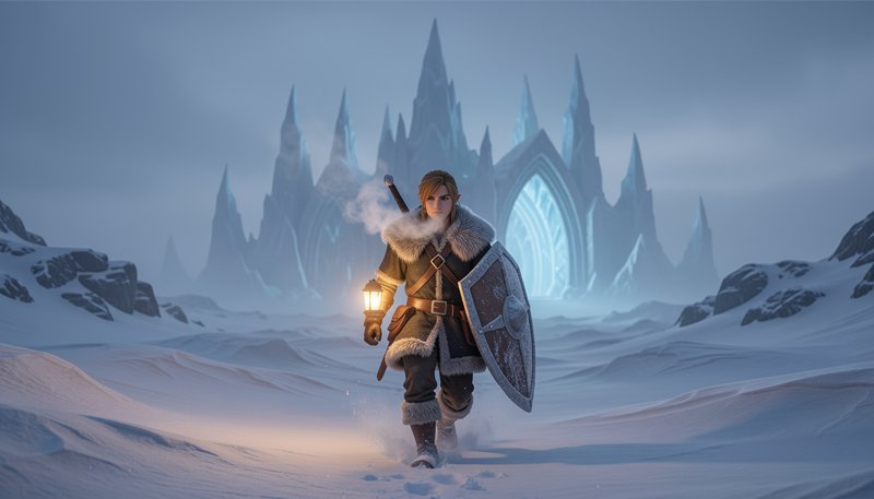 Elven fantasy adventurer carrying a lantern and shield treks across snow before a glowing spired ...