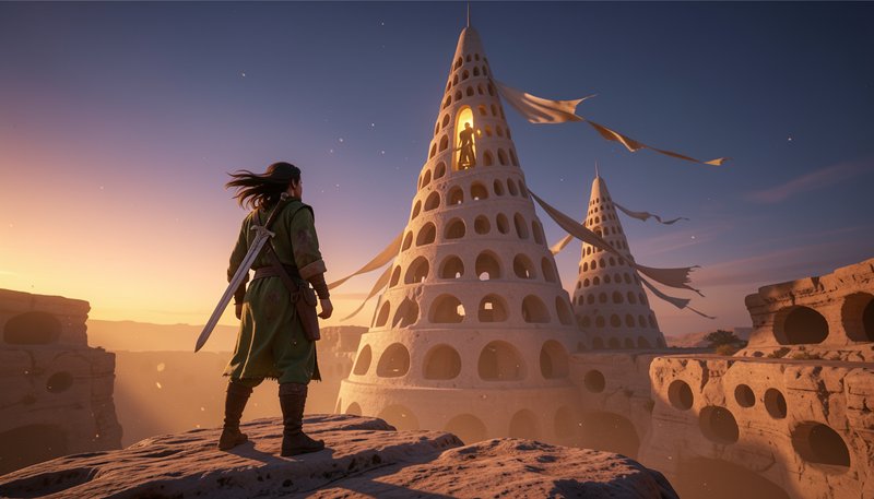 A robed fantasy warrior with a sword stands on a cliff gazing at surreal conical stone towers at ...
