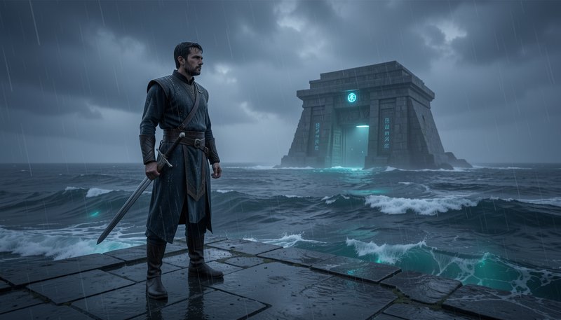 Stoic fantasy warrior with a longsword stands on wet stone, facing glowing ancient temple in stor...
