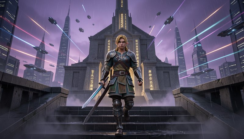 Elven fantasy warrior holding a glowing sword walks down stone steps in a rainy cyberpunk futuris...