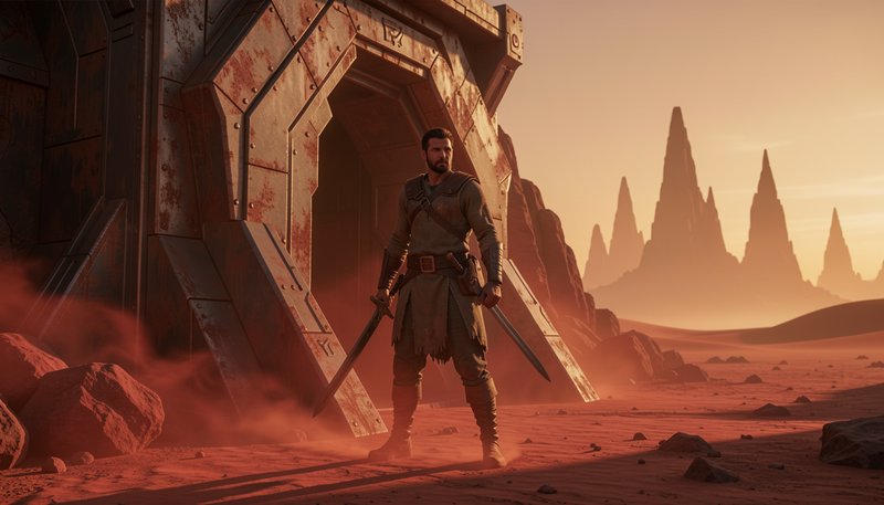 Bearded dual-wielding warrior stands before a rusted ancient alien bunker on a red desert planet ...