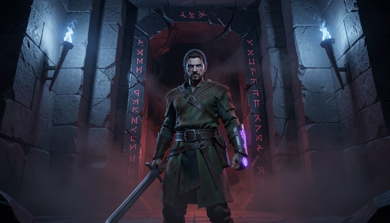 Stoic fantasy warrior holding a steel longsword stands before a rune-carved ancient dungeon archw...
