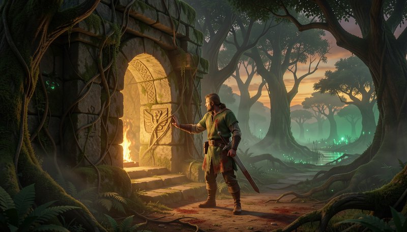 Rugged fantasy warrior holding a sword reaches for a rune-carved glowing ancient stone portal in ...