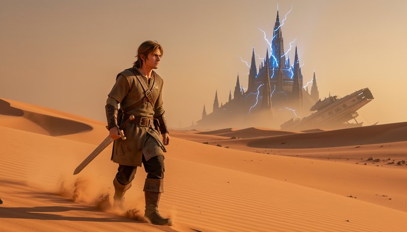 Sword-wielding fantasy warrior walks across desert dunes toward a lightning-wreathed dark castle ...