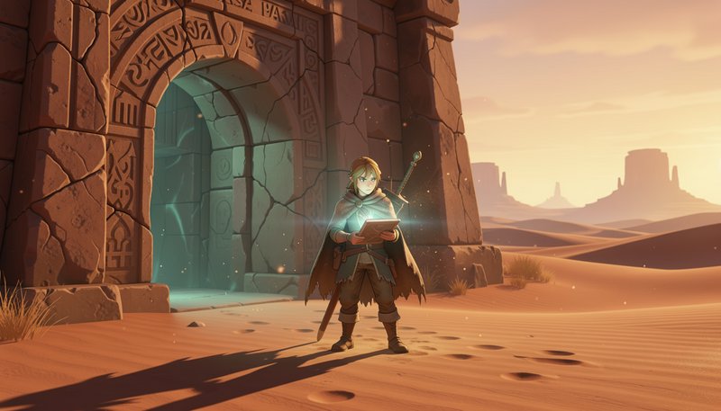 Link from The Legend of Zelda holds a glowing tablet outside an ancient carved desert stone gate ...