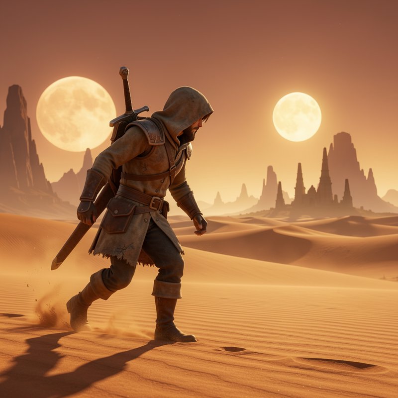 Hooded swordsman treks across sandy desert dunes beneath a sky with two glowing full moons