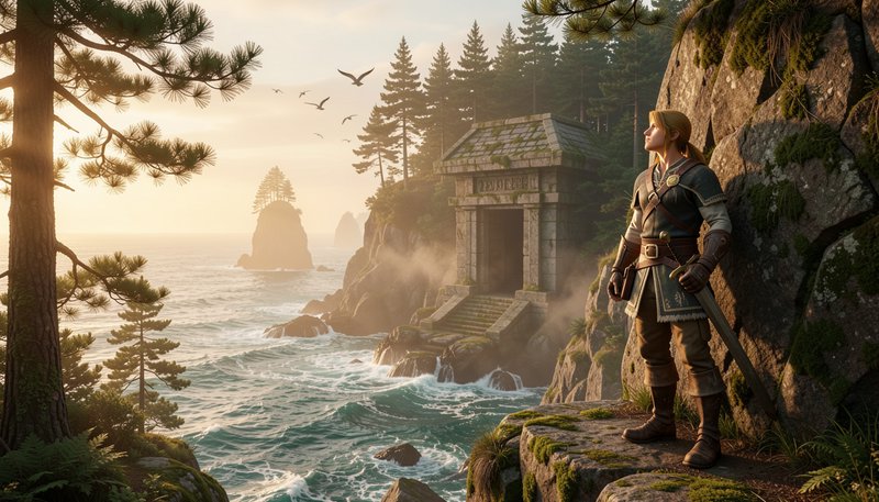 Fantasy sword-wielding hero stands on a mossy coastal cliff beside an ancient stone temple overlo...