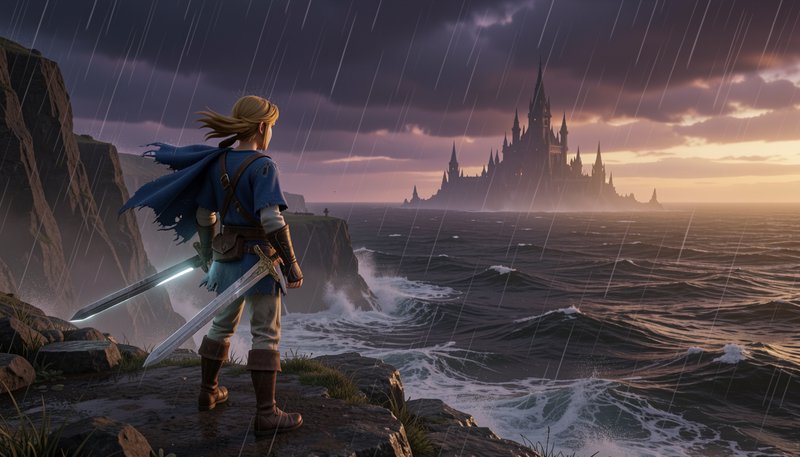 Link from The Legend of Zelda stands on a rainy cliff holding a glowing sword, gazing at distant ...