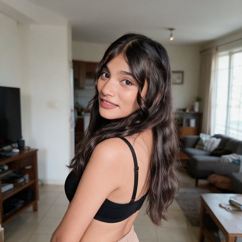Young South Asian woman with long wavy dark hair smiles over her shoulder in a sunlit home living...