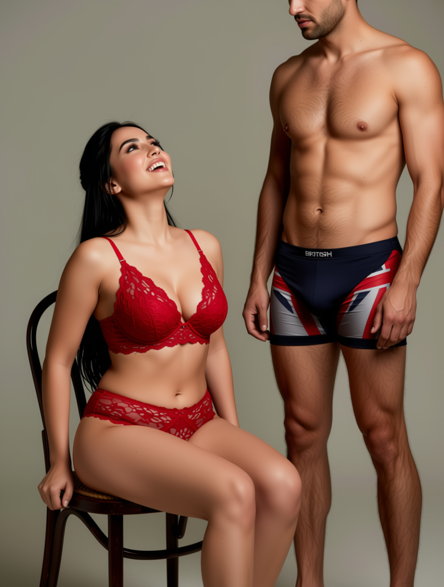Smiling woman in red lace lingerie sits on a wooden chair next to a shirtless man in union jack print boxer briefs