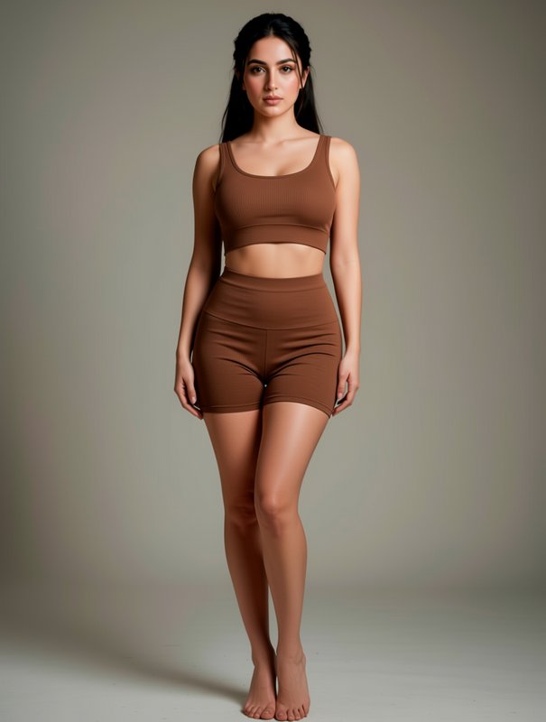 Full length studio portrait of a woman wearing a matching brown ribbed activewear set against a n...