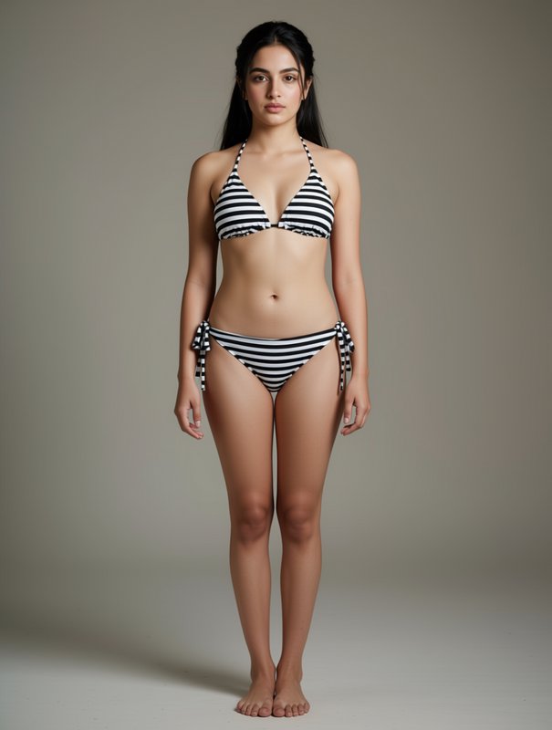 Young woman modeling a black and white striped tie-side bikini in a neutral studio portrait.