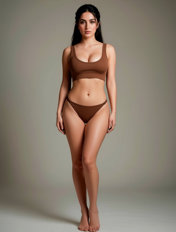 Full length studio portrait of a woman modeling a matching brown bralette and bikini set against ...