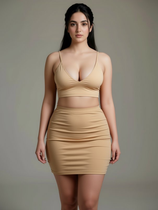 Curvy South Asian model in a matching beige form-fitting two piece outfit, standing against a neu...