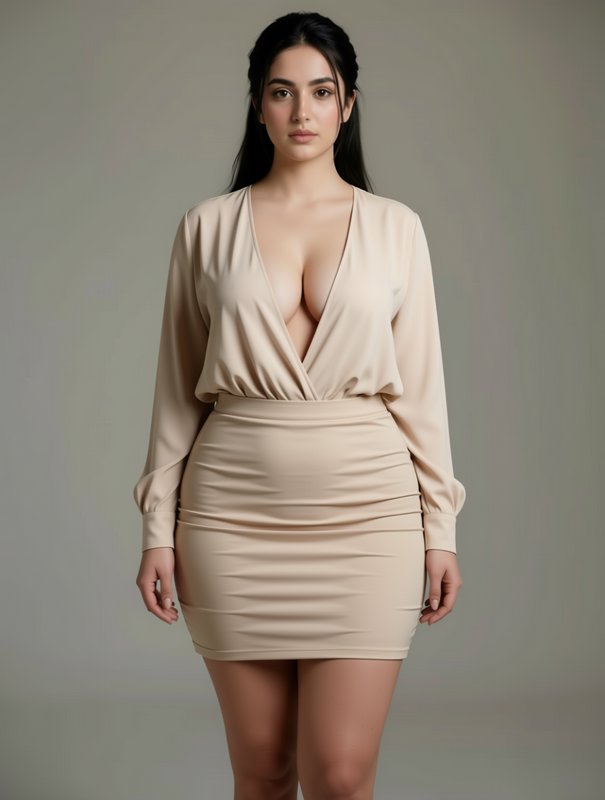 Curvy South Asian model in a beige deep-V bodycon mini dress stands against a plain neutral studi...
