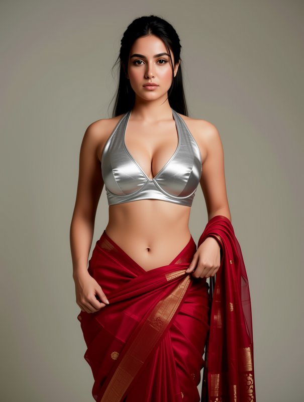 Young South Asian woman posing in a silver halter blouse and rich red silk saree for a studio photoshoot