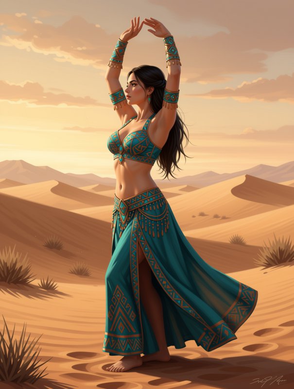 Graceful belly dancer in ornate teal attire poses with raised arms in sunlit desert sand dunes at...