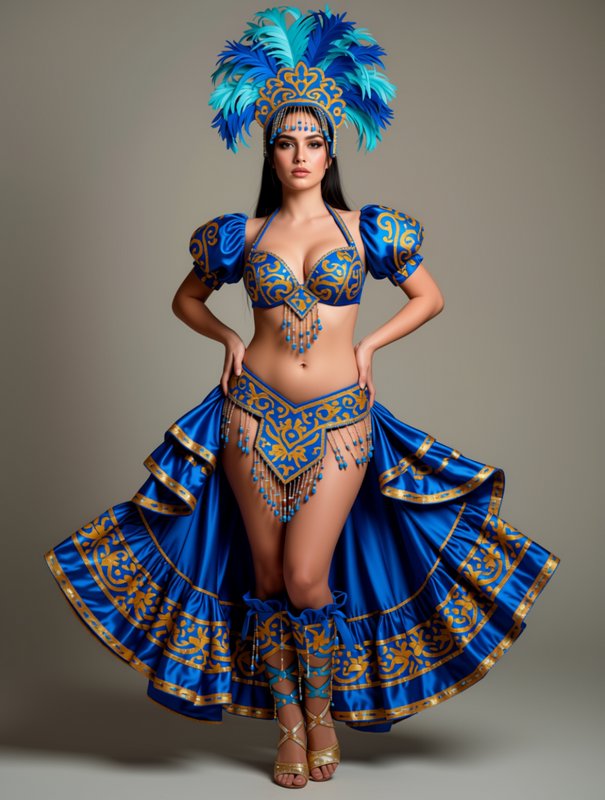 Model posing in ornate blue and gold carnival costume with feathered headdress in a studio