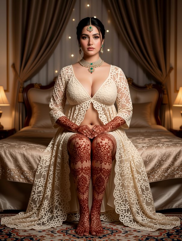 South Asian bride with full body henna and bridal jewelry sits on the edge of a luxury bedroom bed