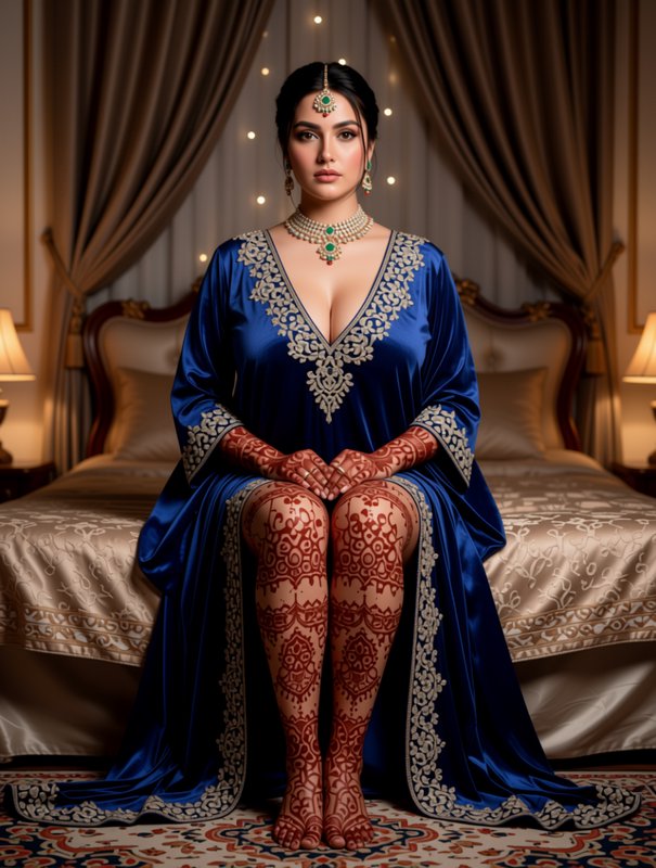 South Asian bride with full henna designs sits in an embroidered royal blue satin robe in a luxur...