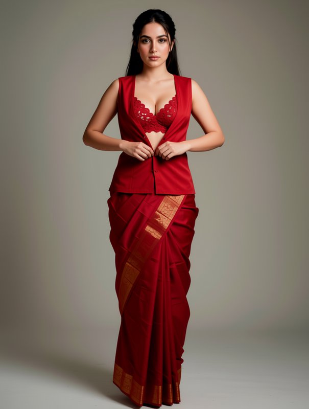 South Asian model posing in a modern red silk saree fusion ensemble in a neutral studio setting