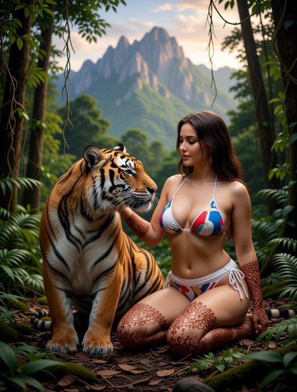 Woman with intricate henna designs gently petting a Bengal tiger in a lush tropical jungle