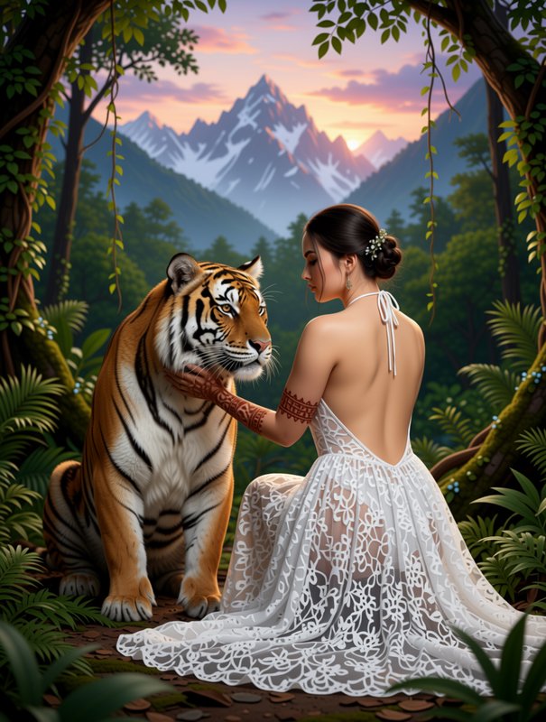Woman in a backless lace gown gently petting a seated tiger in a lush jungle at mountain sunset