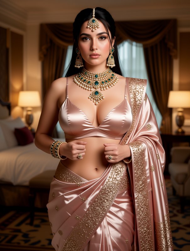 Woman in blush silk saree and traditional kundan jewelry stands in a luxury bedroom