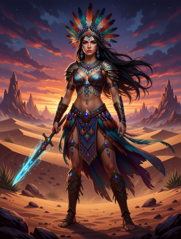 Aztec female warrior with feather headdress holds a glowing enchanted sword in a desert at sunset