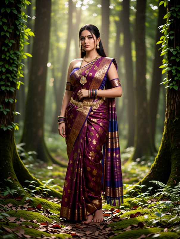 Woman in ornate purple silk saree standing in a sun dappled mossy forest