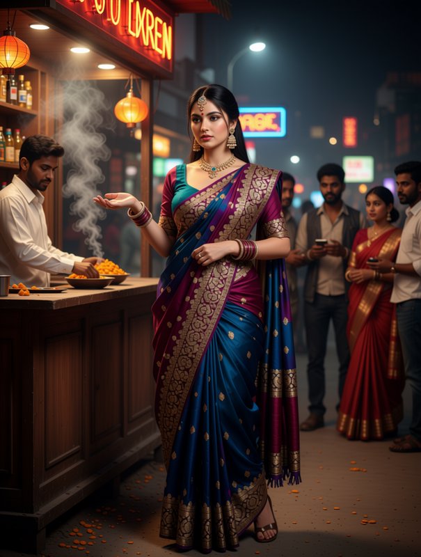 Elegant woman in an ornate silk saree gestures next to a steaming street food stall on a neon-lit Indian night street