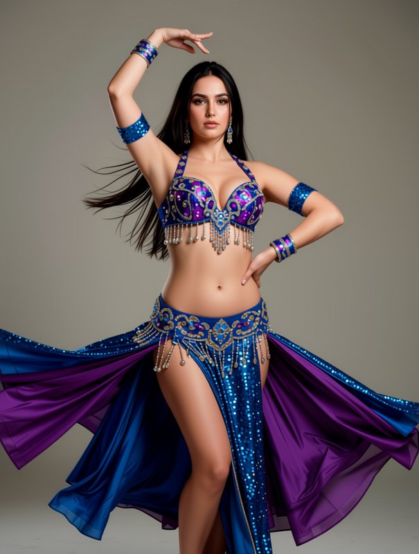 Female belly dancer in an ornate beaded blue and purple costume holds a graceful performance pose...