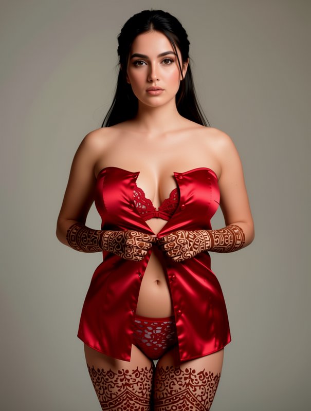 Woman in red satin lingerie with intricate henna designs poses for a studio boudoir portrait