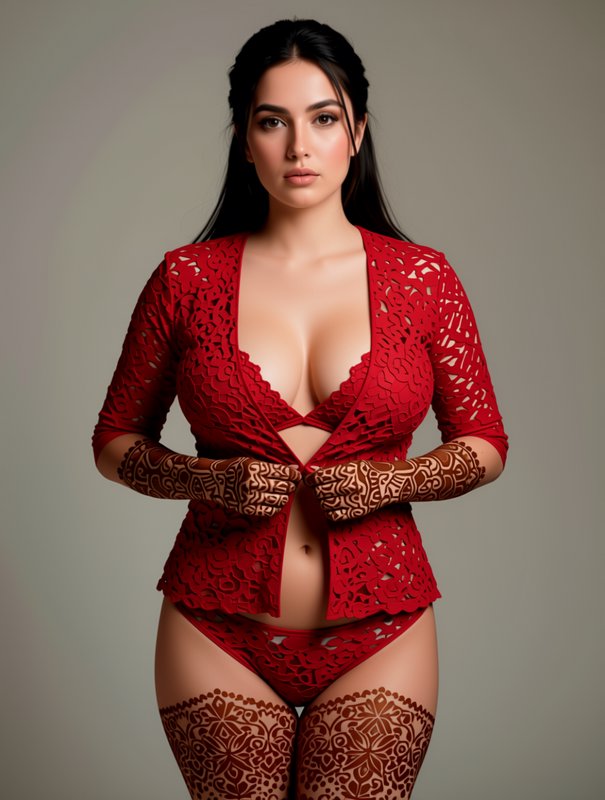 Curvy dark-haired model in red lace lingerie with full henna designs poses in a neutral studio