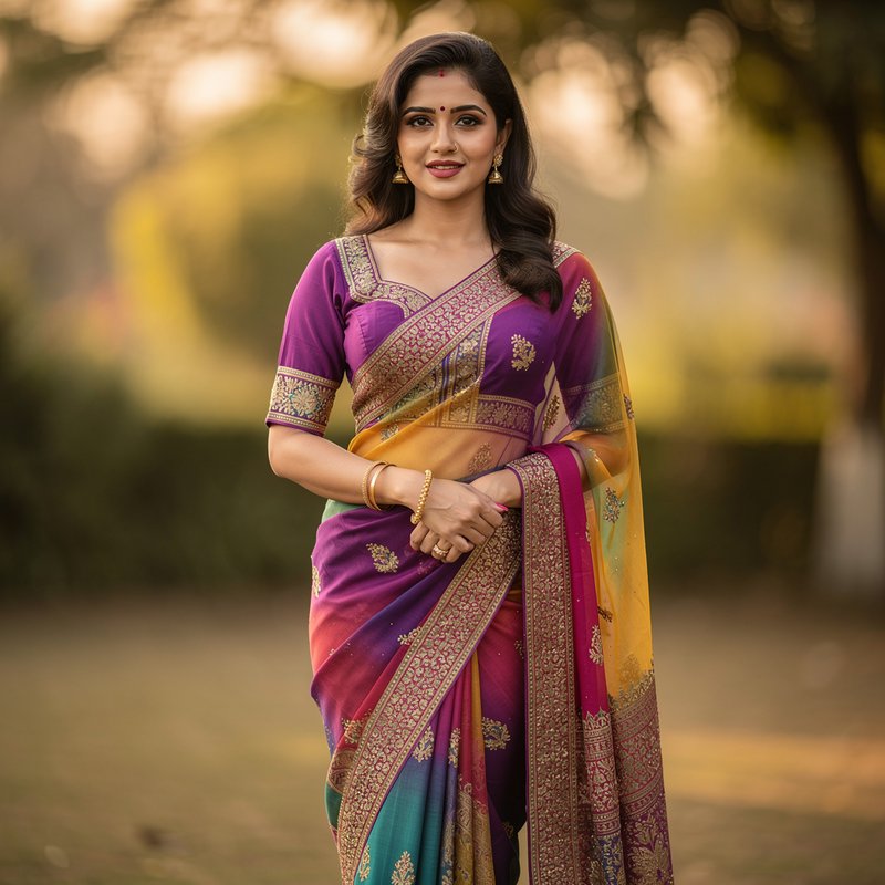 Smiling South Asian woman in an embroidered gradient silk saree stands in a sunlit park at golden...