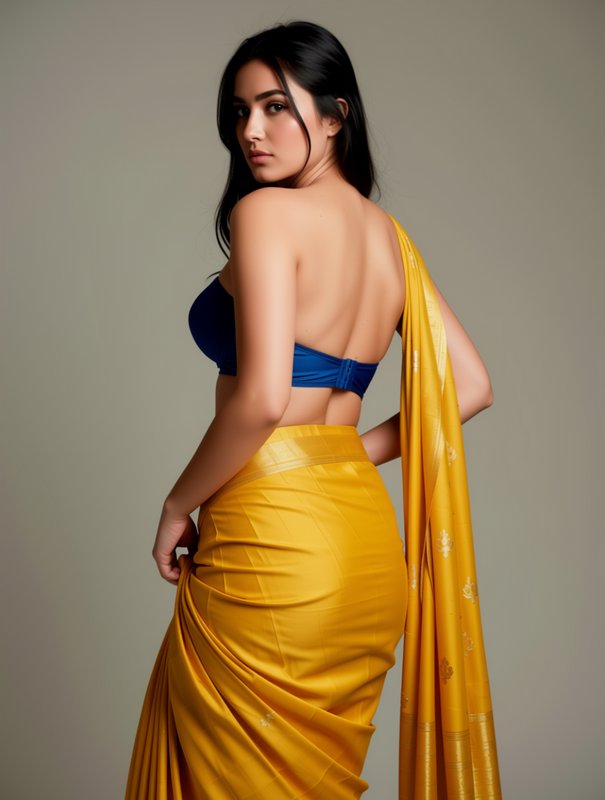 Woman looks over her shoulder in a golden yellow silk saree and backless blue blouse for a studio...