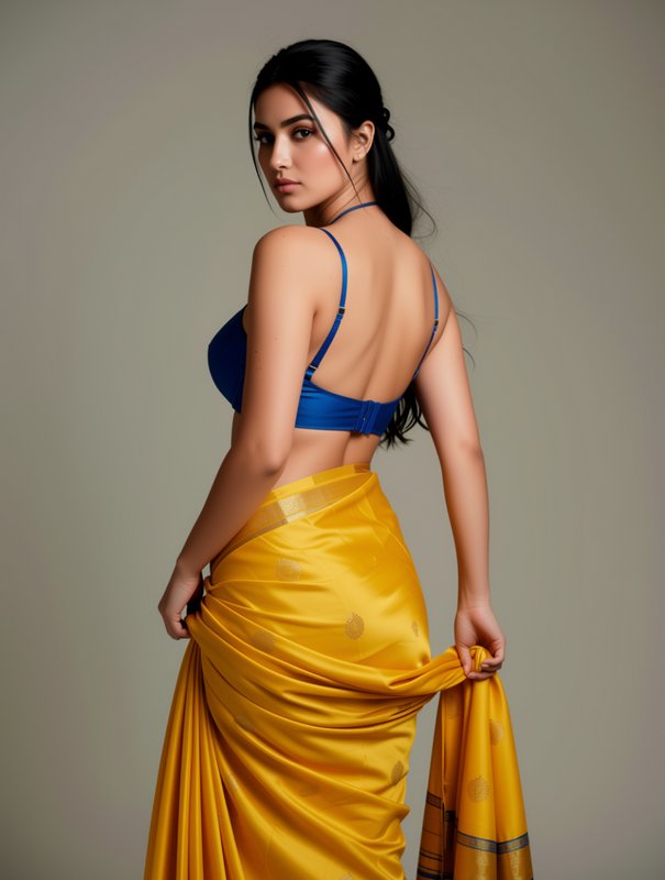 South Asian woman looking over her shoulder wearing a yellow silk saree and royal blue backless b...