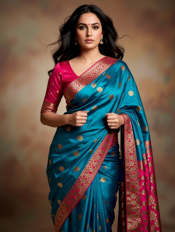 Elegant South Asian woman posing in a turquoise silk saree with pink blouse in a studio portrait