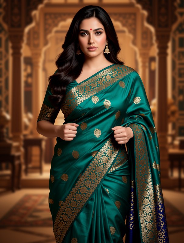 Woman in an emerald green gold woven silk saree poses in an ornate traditional royal interior