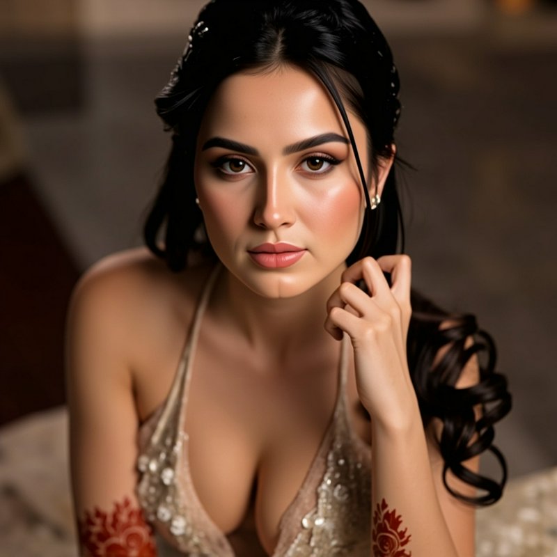 Closeup bridal portrait of a South Asian woman with henna, styled hair, and beaded formal wear