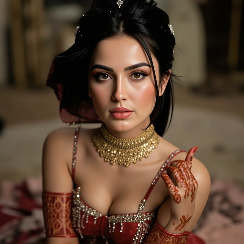 Portrait of a South Asian bride in traditional wedding wear with henna and gold jewelry looking a...