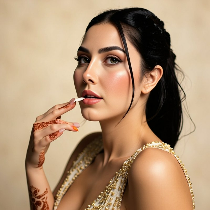 Elegant South Asian woman with henna designs wearing beaded formal wear against a warm neutral st...