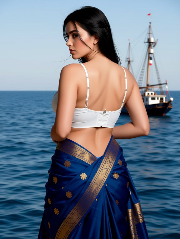 Woman in blue silk saree glances over her shoulder with a tall sailing ship on open ocean behind her