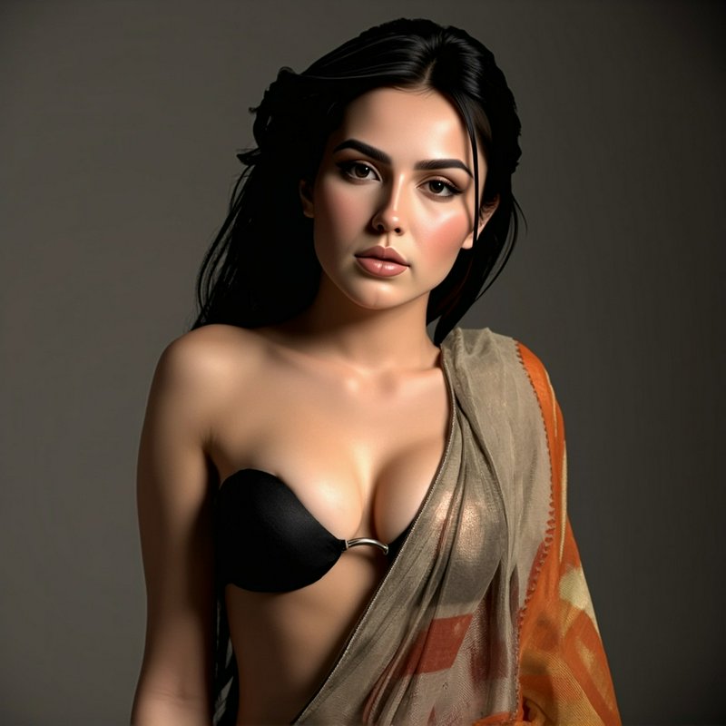 Studio portrait of a young South Asian woman wearing a draped sheer sari over a black strapless top