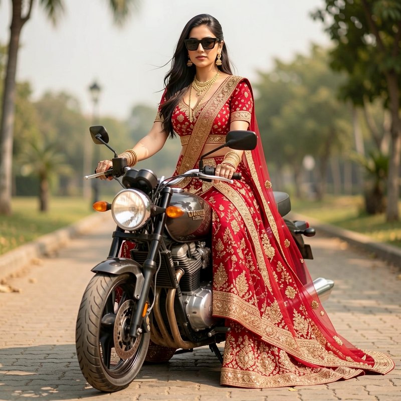 Woman in ornate red bridal lehenga and sunglasses seated on a cruiser motorcycle in a tree-lined ...