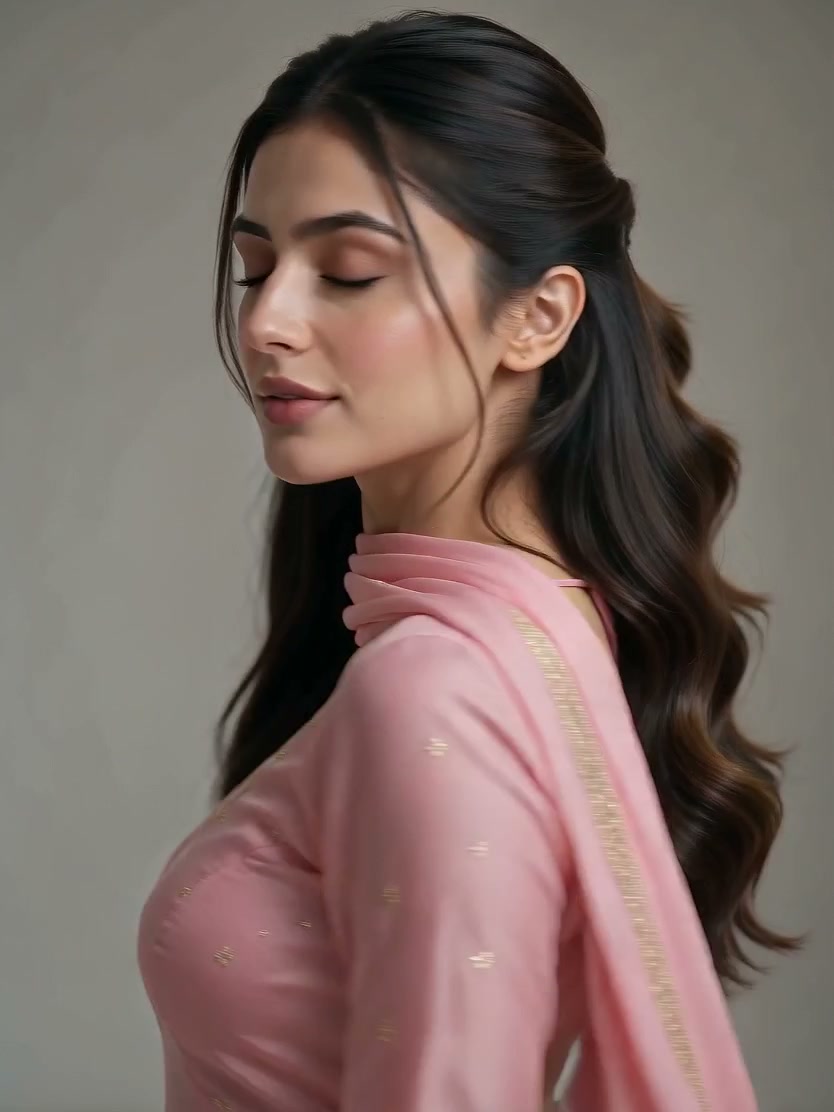 Close-up portrait of elegant South Asian woman with closed eyes, wearing soft pink traditional et...