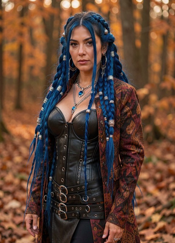 Woman with long beaded blue braids in fantasy attire stands in an autumn forest