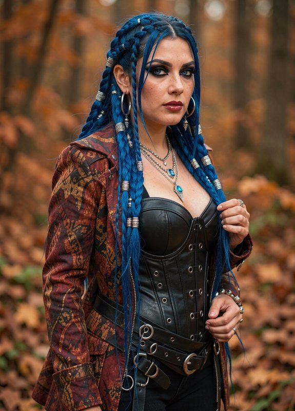 Woman with long beaded blue braids in gothic fantasy attire standing in an autumn forest