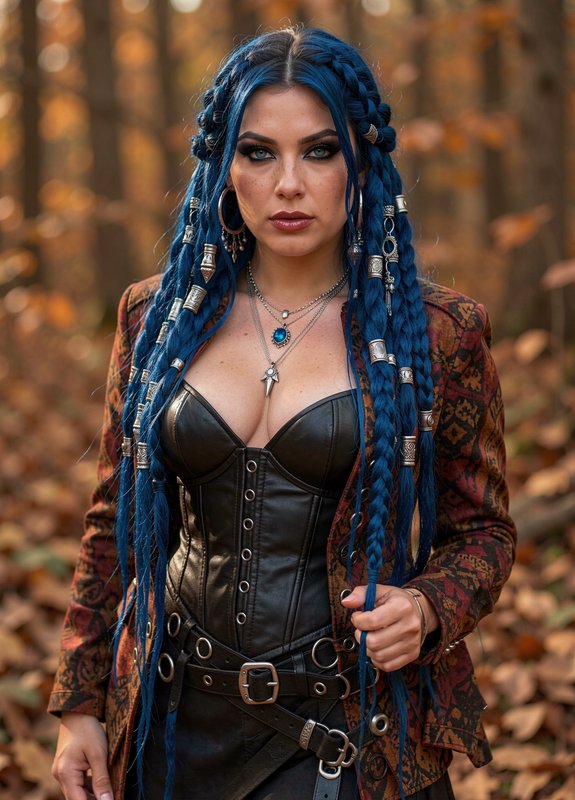 Woman with long beaded blue braids stands in an autumn forest wearing fantasy viking inspired attire
